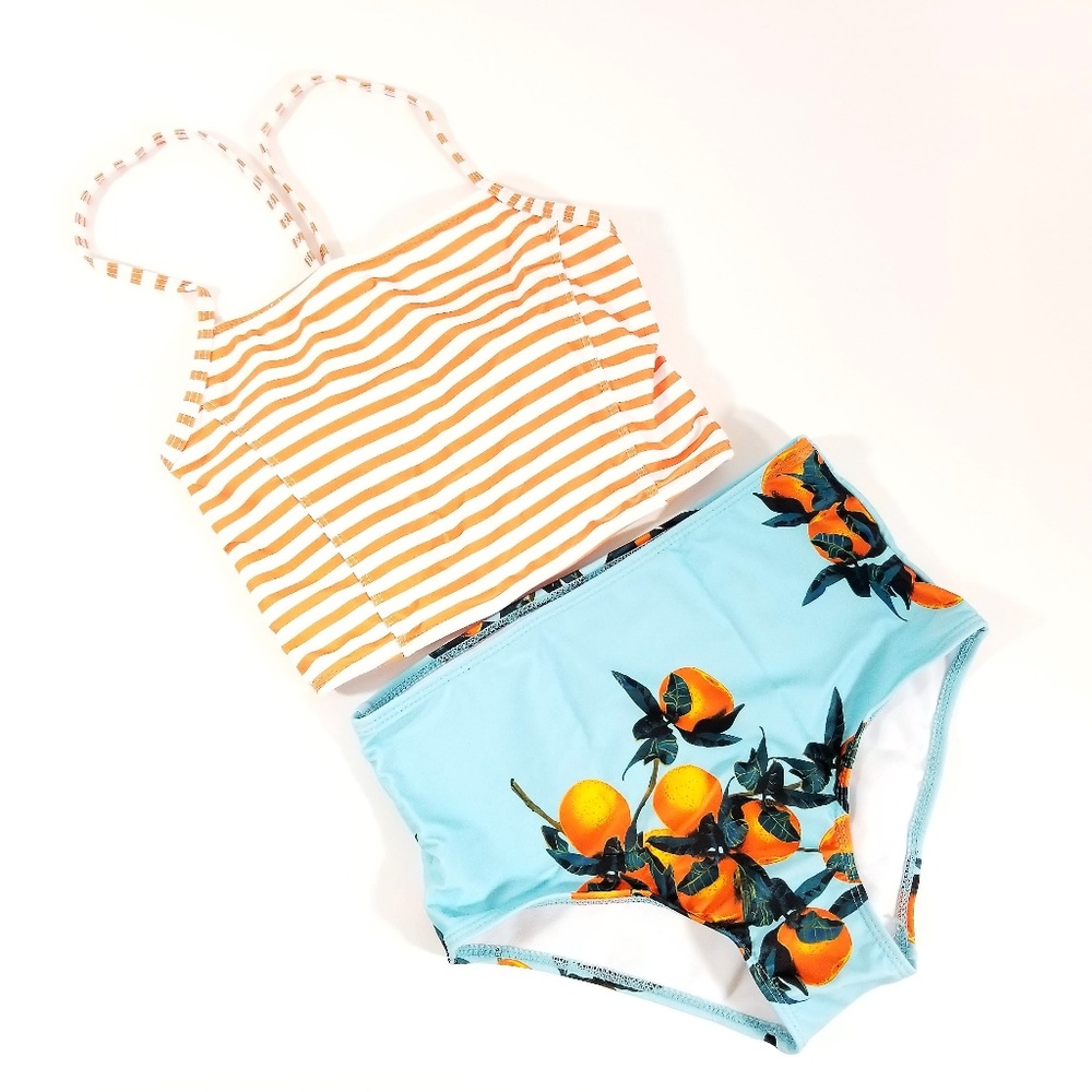 Orange Striped Two Piece Bikini Blue Bottom NWOT